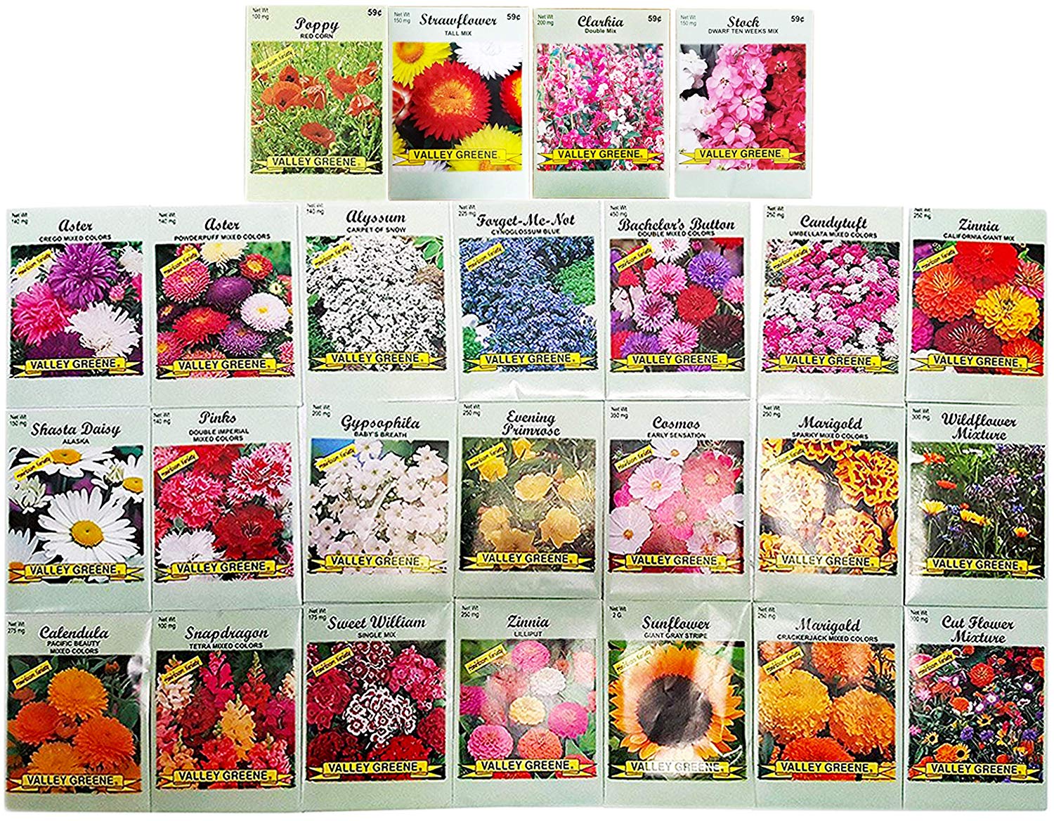 Set of 25 Flower Seed Packets Including 10 or More Varieties Forget Me Nots, Pinks, Marigolds